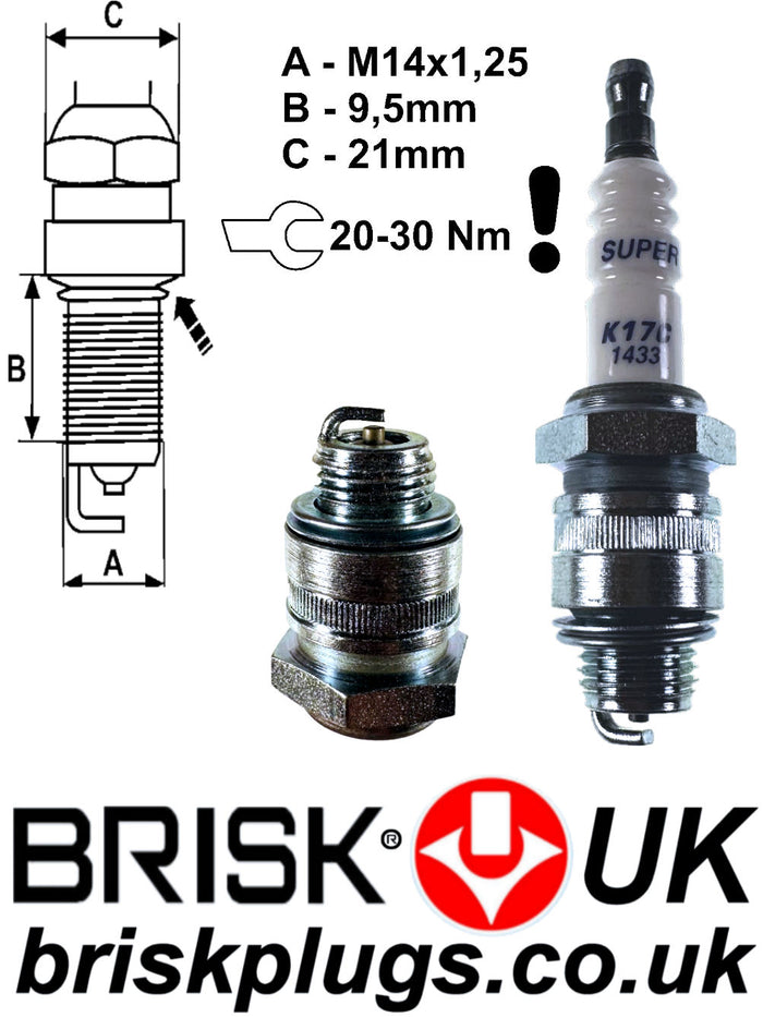 K17C Brisk Super Spark Plugs, For Classic Engines No Resistor Plugs